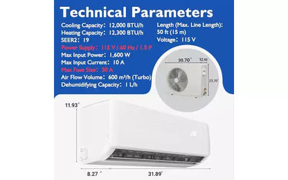 Garvee Climatizzatore Mini Split da 12000 BTU con WiFi per Alexa, 19 SEER2 Raffredda Fino a 70 m², con Pompa di Calore da 1 Ton Precaricata e Kit di Installazione, Ultra Silenzioso