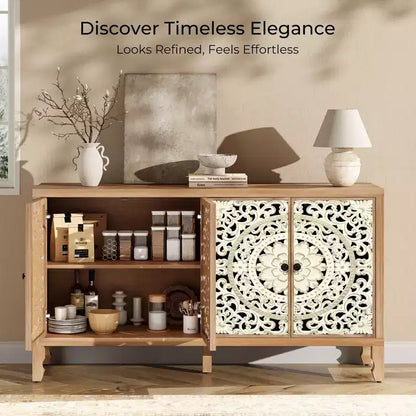 Credenza Buffet con Mobile Contenitore, Mobile Contenitore Effetto Invecchiato con 4 Ante Intagliate e Ripiano Regolabile, Credenze Buffet Laterali in Legno