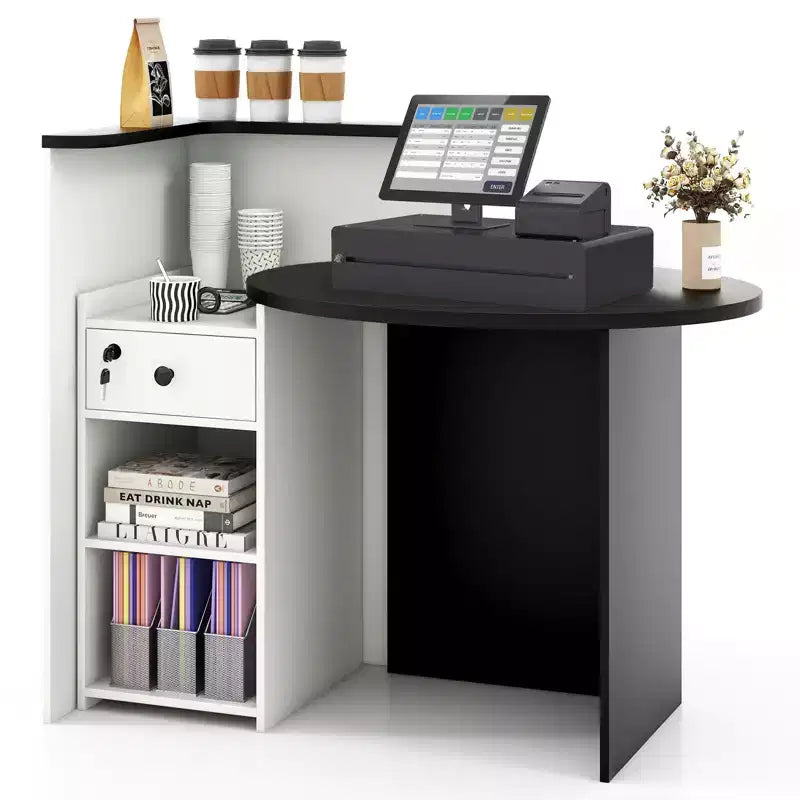 Costway Bancone per Reception, Scrivania da Ufficio con Ripiano Aperto e Cassetto con Serratura, Bianco/Marrone/Nero