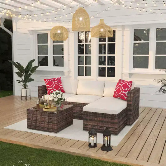 Set Mobili da Giardino 5 Pezzi, Divano Sezionale in Vimini per Tutte le Stagioni con Cuscini Antiscivolo, Set Divano in Rattan per Esterni con Pouf