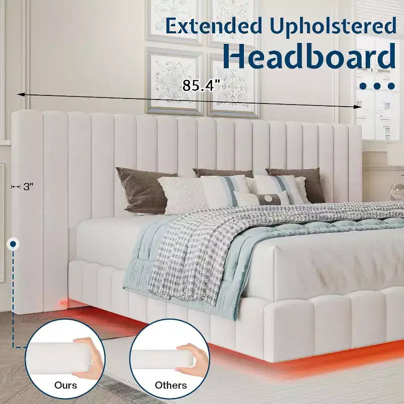 AMERLIFE Letto Imbottito con Luci LED, Design Flottante, Supporto a Doghe Solide