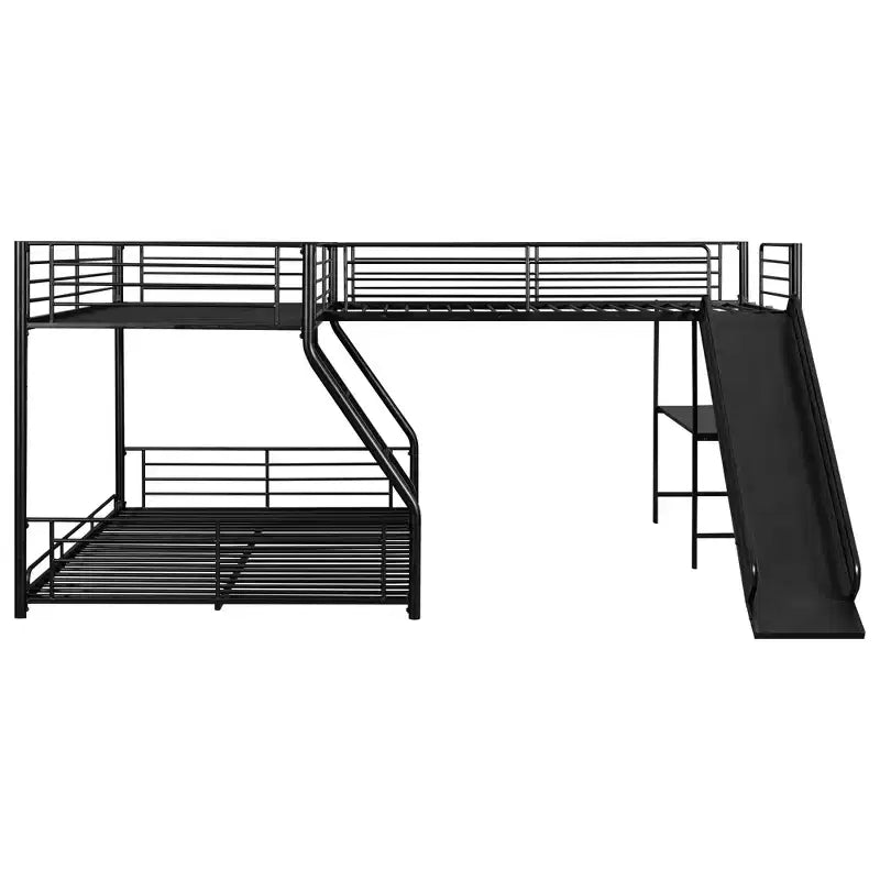 Letto a castello in metallo a una piazza e mezzo, letto a castello a L per 3 bambini, letto a castello triplo resistente con scrivania e scivolo, nero