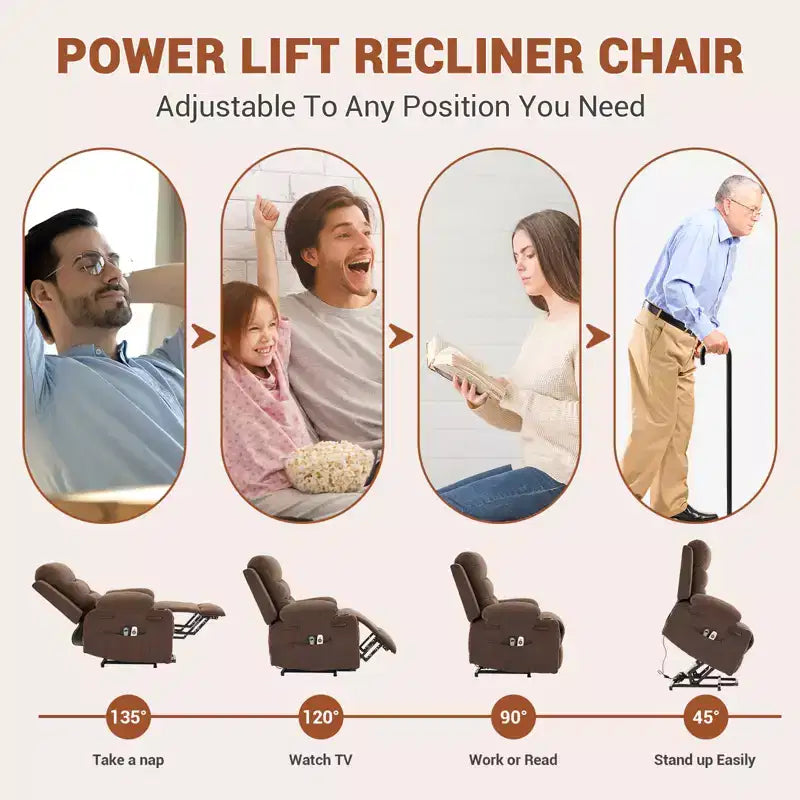 Fauteuil inclinable électrique releveur, fauteuils inclinables électriques pour personnes âgées avec fonction chauffante et massante, aide à la levée, porte-gobelets, poche latérale, pour salon