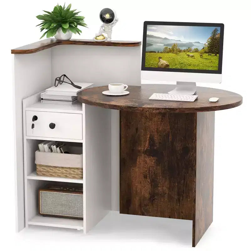 Costway Bancone per Reception, Scrivania da Ufficio con Ripiano Aperto e Cassetto con Serratura, Bianco/Marrone/Nero