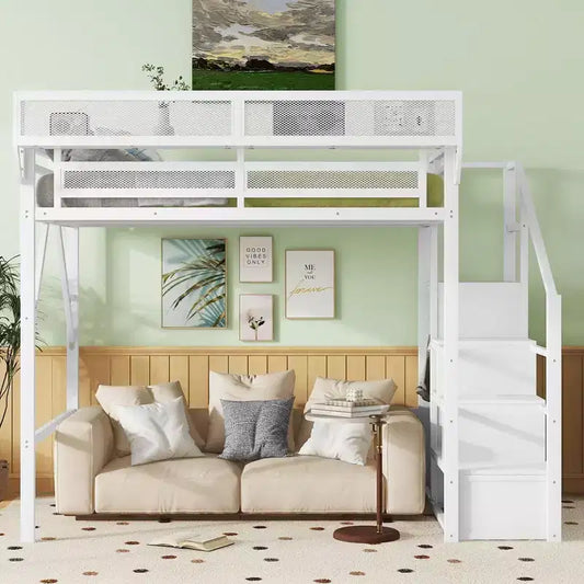 Lit mezzanine pleine grandeur en métal blanc avec escalier, étagères de rangement et lit mezzanine haut avec armoire pour enfants et adolescents