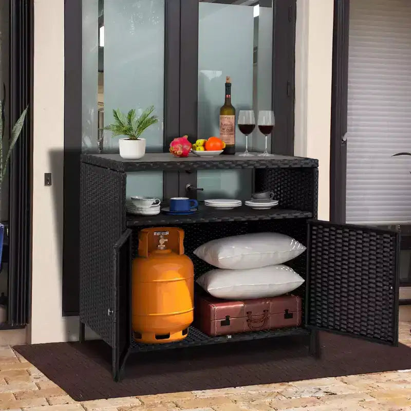 Armadietto portaoggetti da esterno con ante - Contenitore e Tavolo Bar da giardino in rattan resistente alle intemperie