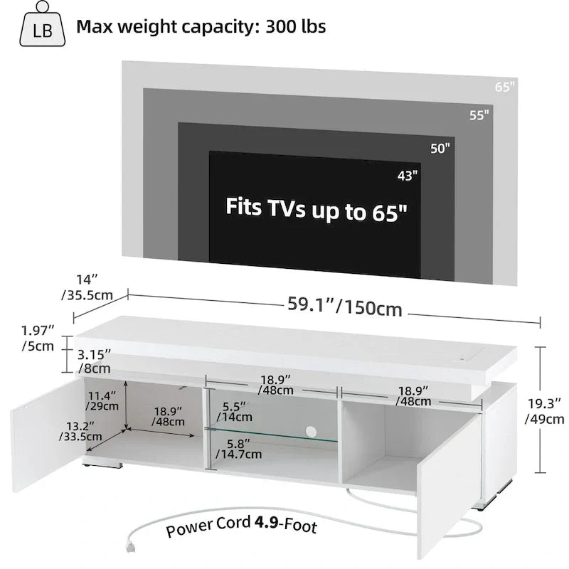 Meuble TV moderne Moasis pour TV 43-65 - Meuble TV console multimédia avec lumières LED