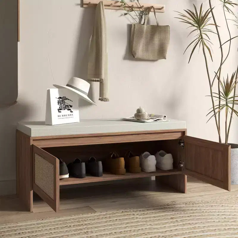 Panca portascarpe FurnitureR in rattan con cuscino, scarpiera compatta con ante per ingresso, organizer per piccoli spazi, scarpiera nascosta con seduta