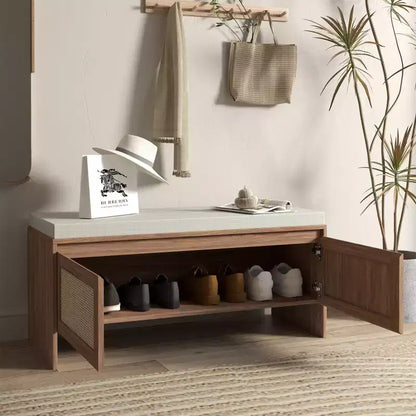 Panca portascarpe FurnitureR in rattan con cuscino, scarpiera compatta con ante per ingresso, organizer per piccoli spazi, scarpiera nascosta con seduta