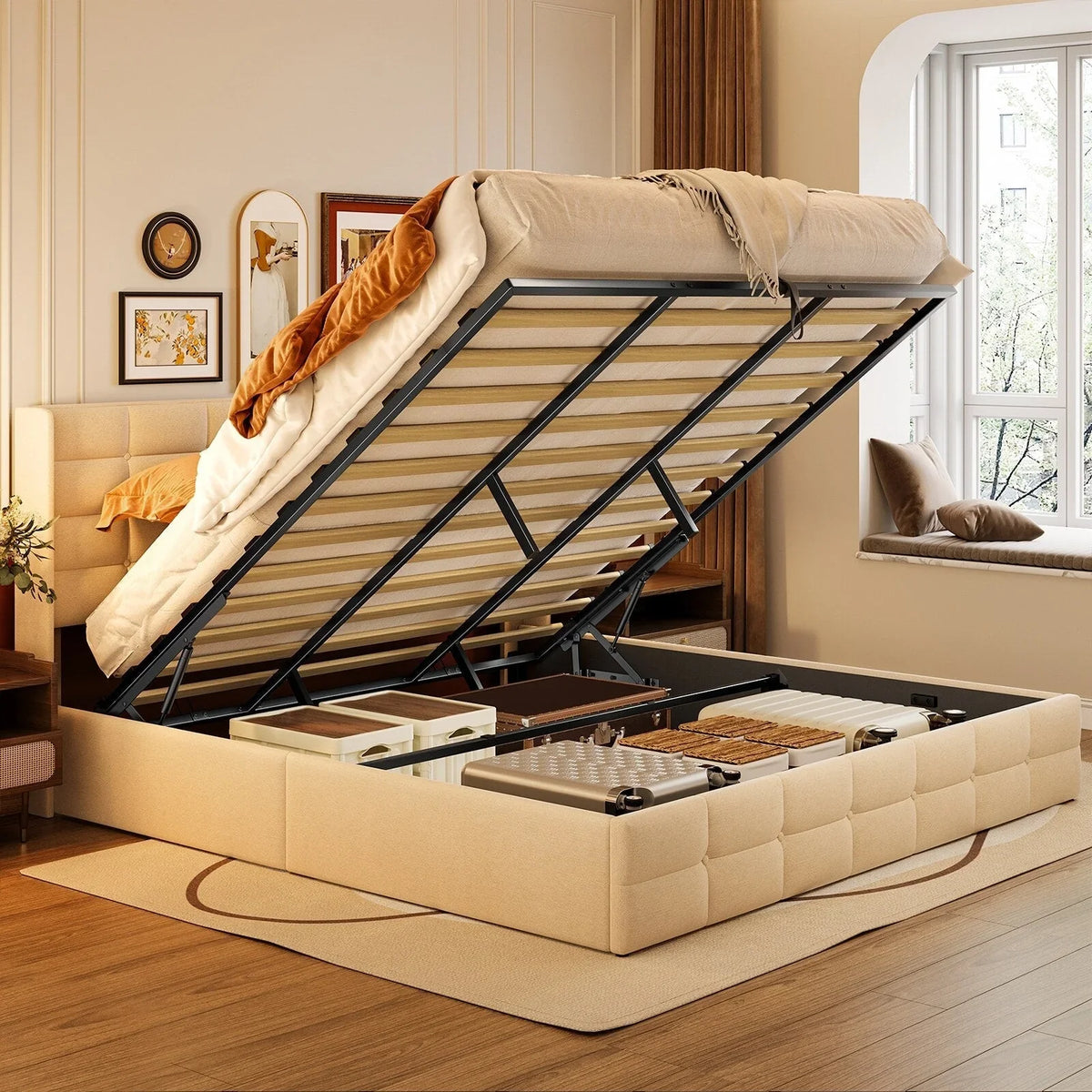 Cadre de lit relevable, sommier tapissier avec système de rangement hydraulique et tête de lit