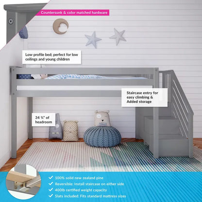 Letto a soppalco basso per gemelli Max e Lily con scale