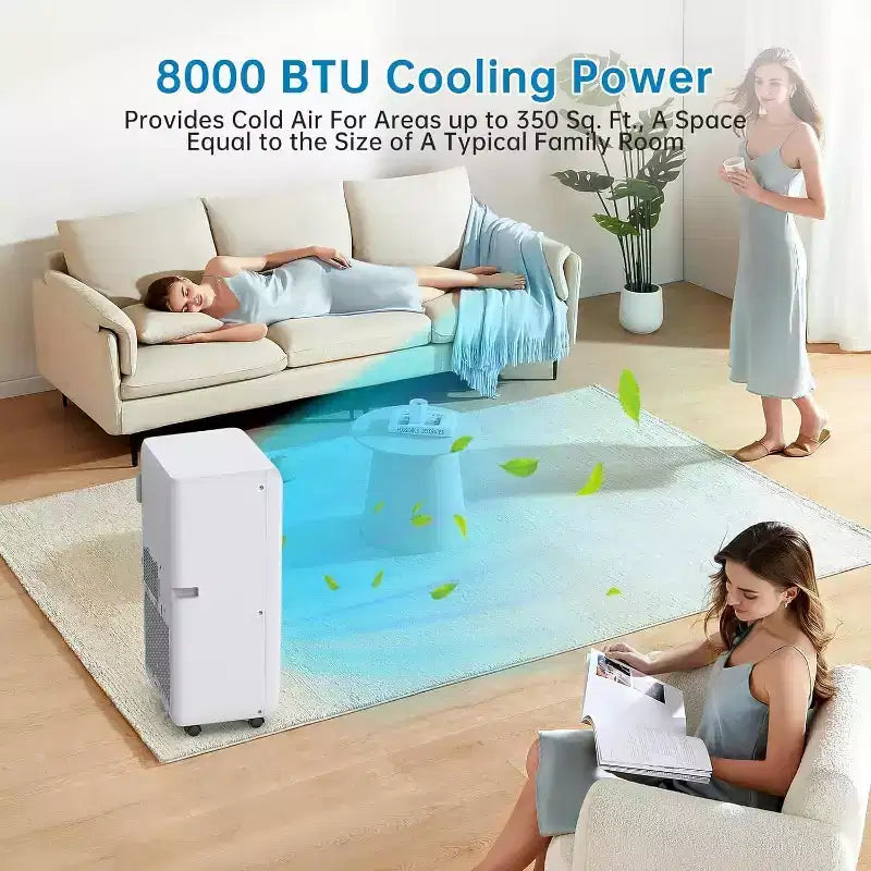 Condizionatore Portatile Ultra Silenzioso da 8000 BTU, 3-in-1 con Deumidificatore e Ventilatore, Timer 24H, Kit Finestra e Telecomando per ambienti fino a 32,5 m²