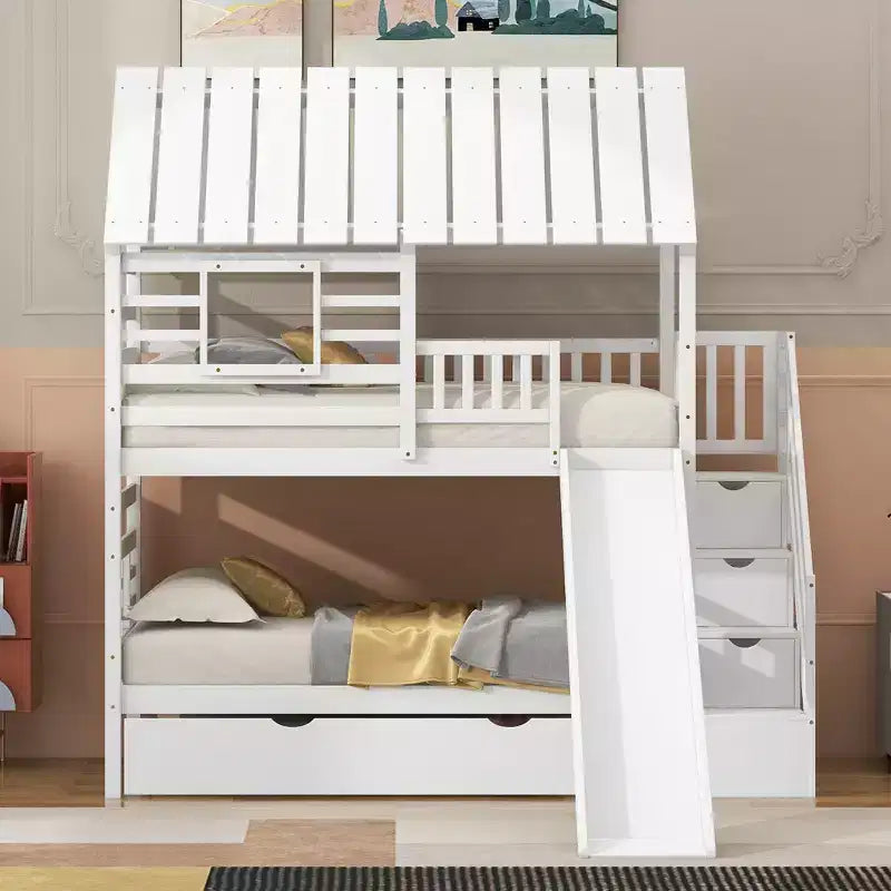 Letto a Castello Whisen Twin over Twin con Letto Estraibile e Scivolo, Scala Contenitore, Design Tetto e Finestra