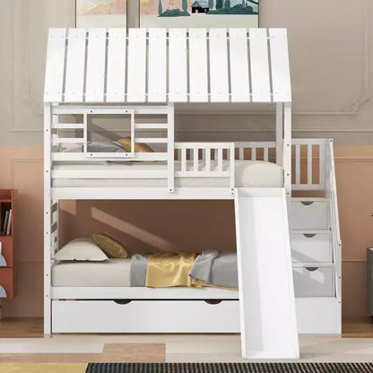 Letto a Castello Whisen Twin over Twin con Letto Estraibile e Scivolo, Scala Contenitore, Design Tetto e Finestra