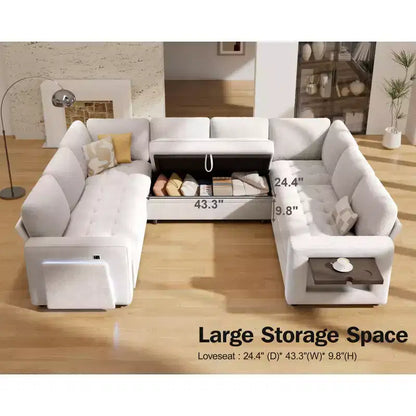 Divano componibile Dyonery a 8 posti a U con letto estraibile/schienale reclinabile/porte USB/tavolo/vano contenitore, montaggio senza attrezzi