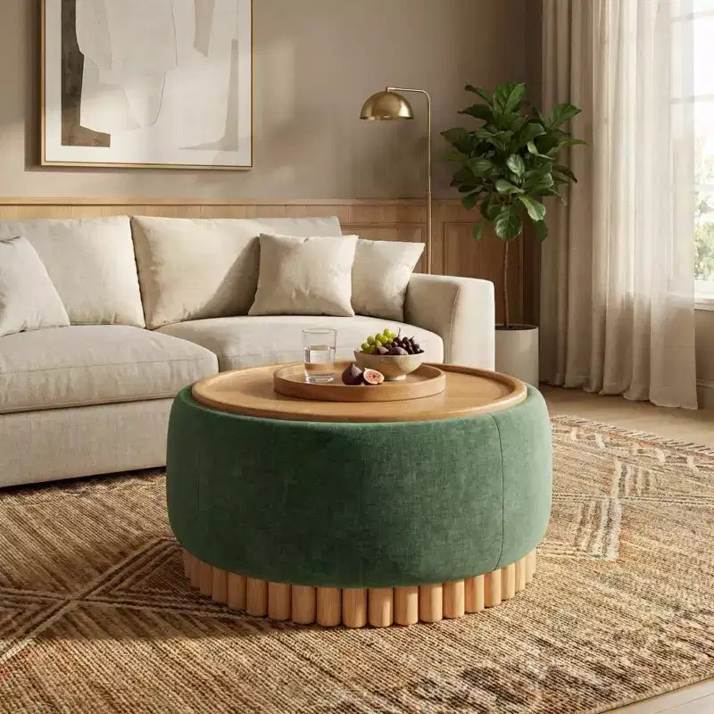 Pouf rotondo Polibi con base cilindrica in legno massello e coperchio reversibile