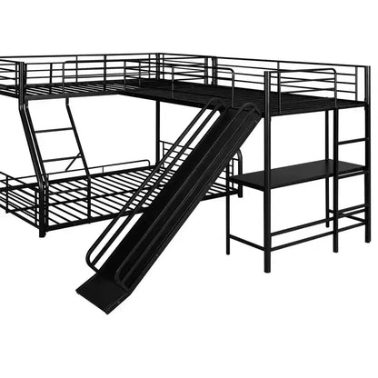 Letto a castello in metallo a una piazza e mezzo, letto a castello a L per 3 bambini, letto a castello triplo resistente con scrivania e scivolo, nero
