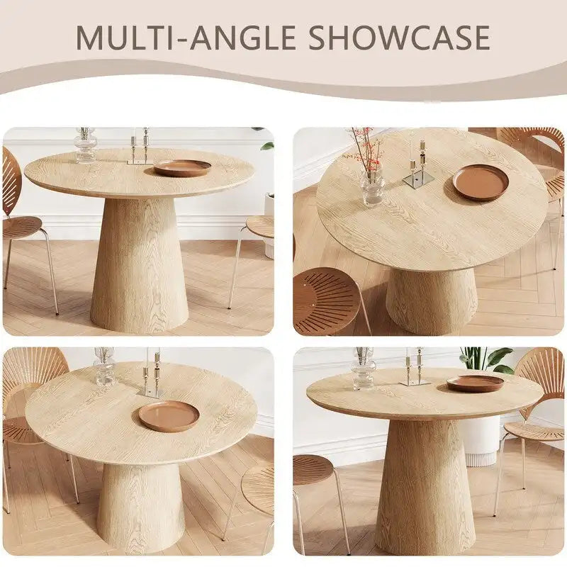 Table de salle à manger ronde pour 4-6 personnes, en bois naturel avec pied conique en bois, style rustique minimaliste