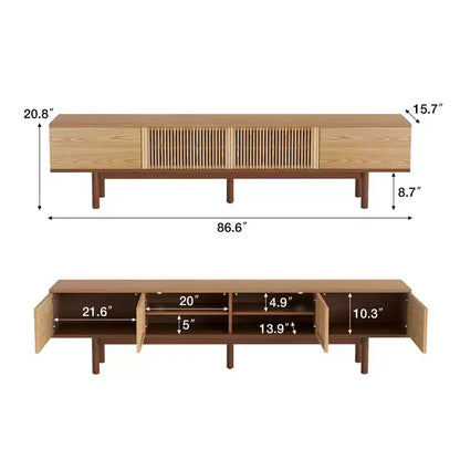Meuble TV Mid-Century Modern 86,6 po en bois massif, console média avec espace de rangement, couleur naturelle