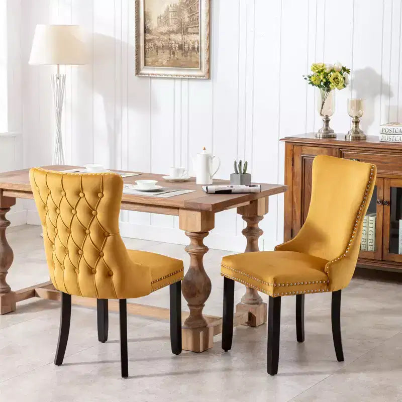 Lot de 2 chaises de salle à manger en velours avec garniture cloutée et pieds en bois - Style rétro, assise confortable pour salle à manger et cuisine