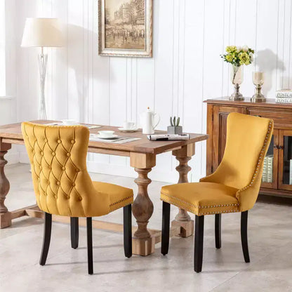 Lot de 2 chaises de salle à manger en velours avec garniture cloutée et pieds en bois - Style rétro, assise confortable pour salle à manger et cuisine