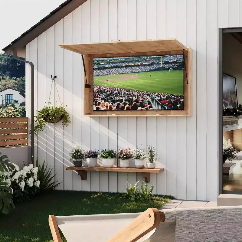 Custodia per TV da esterni da 55 pollici, copertura per TV resistente alle intemperie in legno massello con supporto regolabile 4D e sportello pieghevole (adatta a TV da 44-55 pollici)