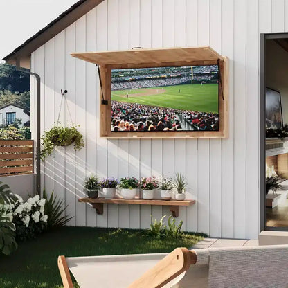 Custodia per TV da esterni da 55 pollici, copertura per TV resistente alle intemperie in legno massello con supporto regolabile 4D e sportello pieghevole (adatta a TV da 44-55 pollici)