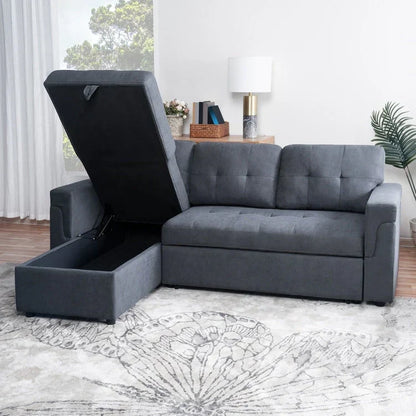 Divano componibile convertibile reversibile con letto estraibile, chaise longue con contenitore nascosto e gambe durevoli