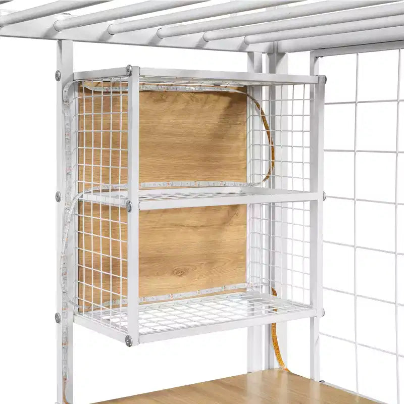 Lit mezzanine en métal Whisen 94''L x 40.9''W avec poste de travail intégré, armoire, escalier de rangement et LED, sécurité garantie