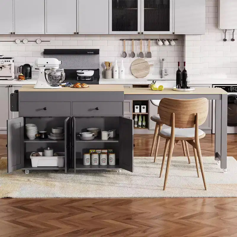 Isola da Cucina da 189 cm con Tavolo da Pranzo Estensibile, Carrello con 4 Armadietti, 2 Cassetti, Porta Spezie, Ripiani Regolabili