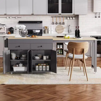 Isola da Cucina da 189 cm con Tavolo da Pranzo Estensibile, Carrello con 4 Armadietti, 2 Cassetti, Porta Spezie, Ripiani Regolabili