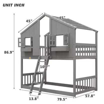 Lit mezzanine cabane de taille double, lit mezzanine cabane en bois avec échelle et barrières de sécurité pour enfants