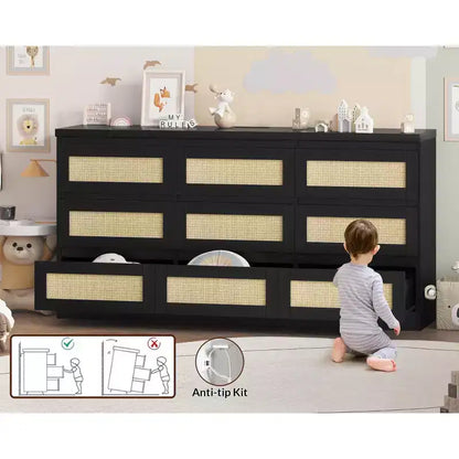 Comò per camera da letto, cassettiera a 9 cassetti in rattan per armadio, cassettiere e cassettoni doppi in legno