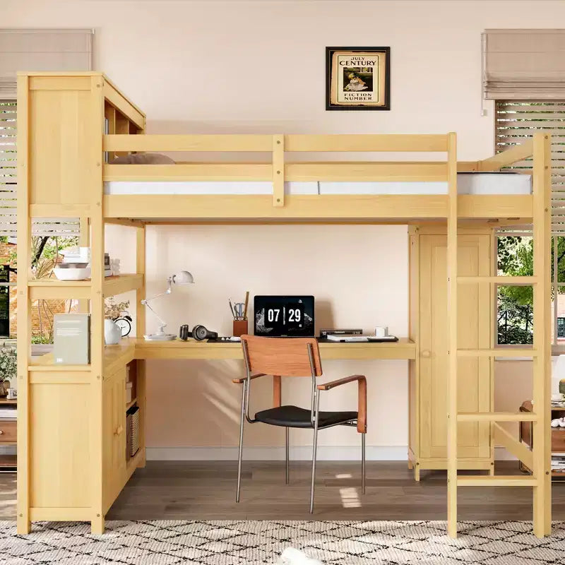 Letto a soppalco in legno con armadio e libreria, letto a soppalco Queen Size con guardaroba e scrivania per bambini, naturale