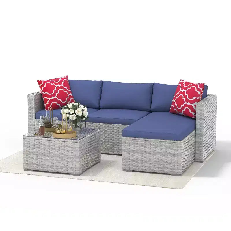 Set Mobili da Giardino 5 Pezzi, Divano Sezionale in Vimini per Tutte le Stagioni con Cuscini Antiscivolo, Set Divano in Rattan per Esterni con Pouf