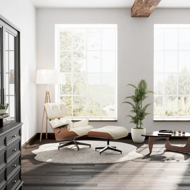 Chaise longue et pouf d'appoint en cuir pleine fleur de style Mid-century