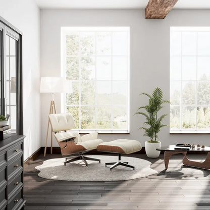 Chaise longue et pouf d'appoint en cuir pleine fleur de style Mid-century