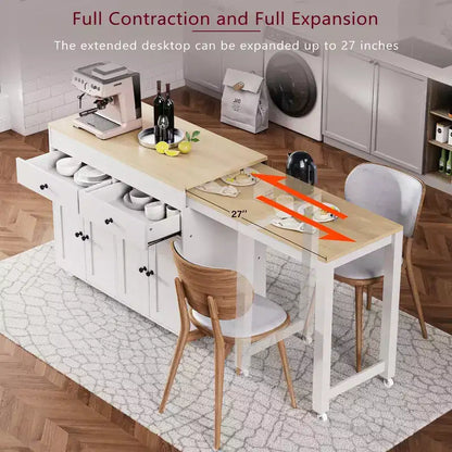 Isola da Cucina da 189 cm con Tavolo da Pranzo Estensibile, Carrello con 4 Armadietti, 2 Cassetti, Porta Spezie, Ripiani Regolabili