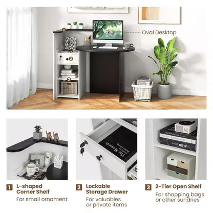 Costway Bancone per Reception, Scrivania da Ufficio con Ripiano Aperto e Cassetto con Serratura, Bianco/Marrone/Nero