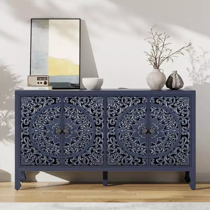 Credenza Buffet con Mobile Contenitore, Mobile Contenitore Effetto Invecchiato con 4 Ante Intagliate e Ripiano Regolabile, Credenze Buffet Laterali in Legno