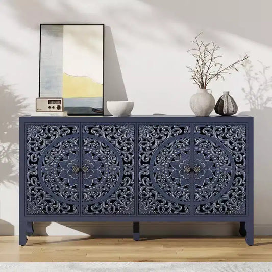 Credenza Buffet con Mobile Contenitore, Mobile Contenitore Effetto Invecchiato con 4 Ante Intagliate e Ripiano Regolabile, Credenze Buffet Laterali in Legno