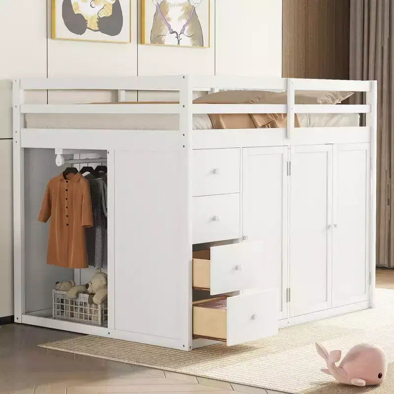 Letto a soppalco intero in pile orsetto con mensola portaoggetti e cassetti, letto a soppalco alto in legno con scrivania versatile per camera da letto