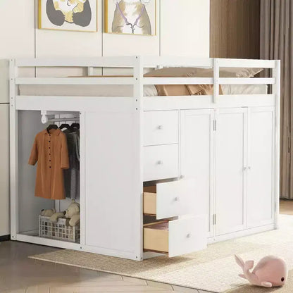 Letto a soppalco intero in pile orsetto con mensola portaoggetti e cassetti, letto a soppalco alto in legno con scrivania versatile per camera da letto