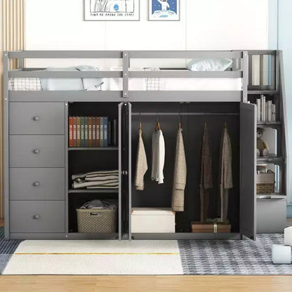 Letto a soppalco intero in pile orsetto con mensola portaoggetti e cassetti, letto a soppalco alto in legno con scrivania versatile per camera da letto