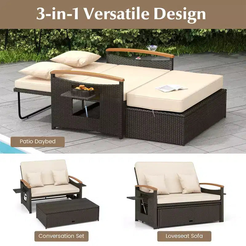 Set divano letto in rattan per esterni Costway con divanetto imbottito e poggiapiedi contenitore per veranda Beige/Blu marino/Rosso/Turchese/Nero/Grigio