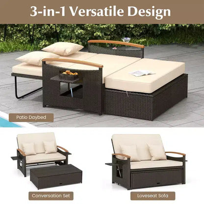 Set divano letto in rattan per esterni Costway con divanetto imbottito e poggiapiedi contenitore per veranda Beige/Blu marino/Rosso/Turchese/Nero/Grigio