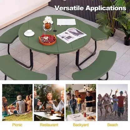 Costway Set Tavolo da Picnic Rotondo da Esterno a 8 Posti con 4 Panche e Foro per Ombrellone Nero/Grigio/Verde/Bianco