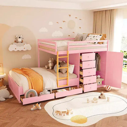 Lit superposé complet Whisen avec 2 grands tiroirs, 5 petits tiroirs et petite armoire