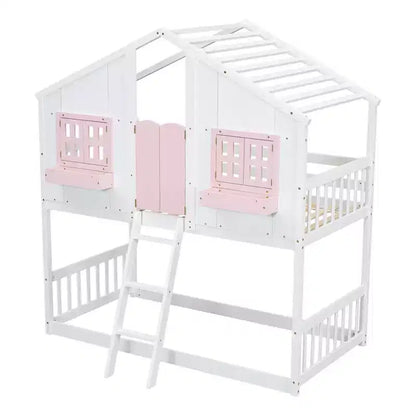 Lit mezzanine cabane de taille double, lit mezzanine cabane en bois avec échelle et barrières de sécurité pour enfants