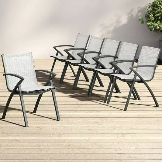 6 chaises de salle à manger d'extérieur modernes en aluminium - Tissu Textilène à séchage rapide, design ergonomique pour patio, piscine, restaurants - Gris